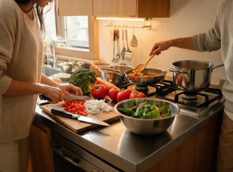 Family kitchen using cookware and knives for dinner preparation