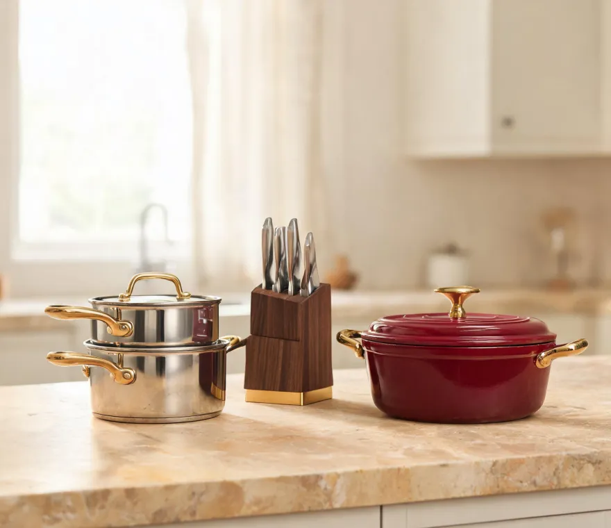 Cuisinart stainless steel cookware and chef knife on a warm kitchen worktop