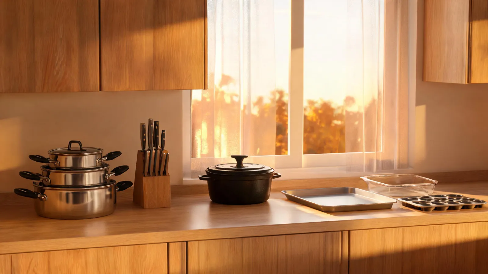 Cuisinart cookware collection in a finished kitchen